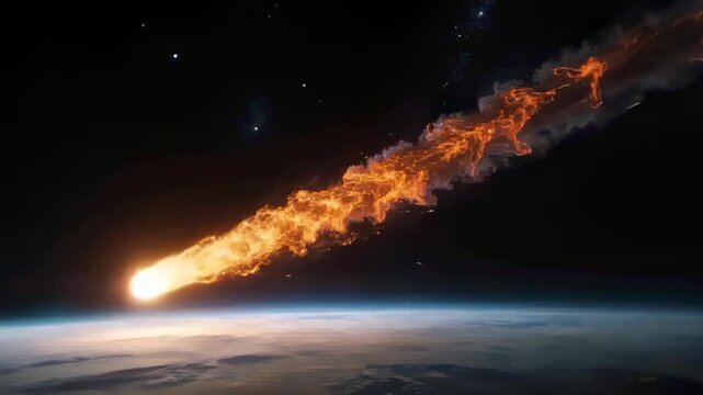 Entering meteoroid glowing and shedding plasma trail across upper atmosphere over limb, starfield