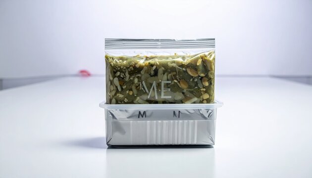 A sealed emergency ration pack featuring visible freeze dried meal ingredients in a durable container, designed for long term survival storage and convenient portable field nutrition for outdoors.