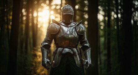 Fototapeta premium A medieval knight stands guard in a sun dappled forest clearing