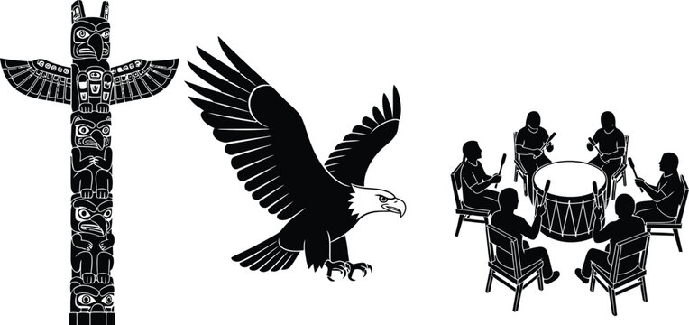 totem pole eagle and drumming group silhouette high quality