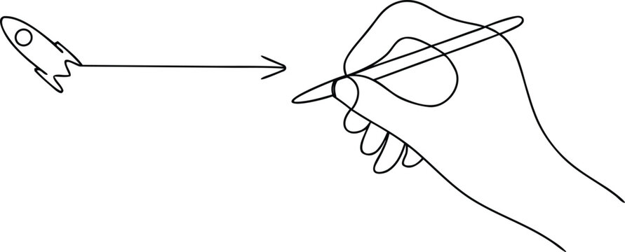Hand drawing rocket with arrow, representing launch of new projects and business startup.