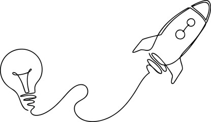 Single line art of lightbulb and rocket ship representing innovation and business takeoff. © Rita