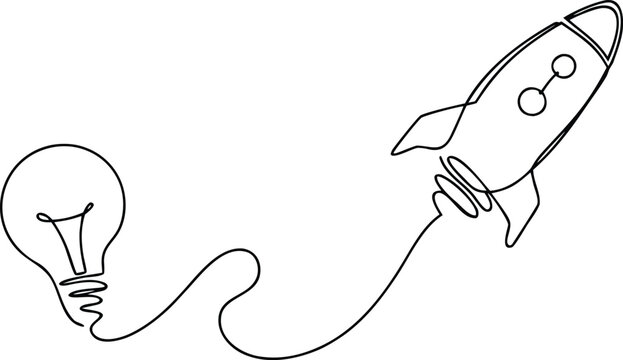 Single line art of lightbulb and rocket ship representing innovation and business takeoff.