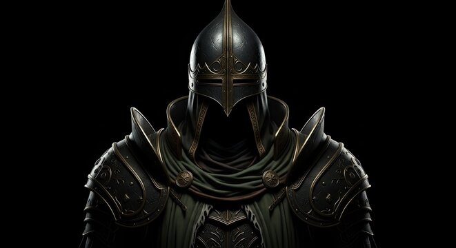 Dark knight in full armor a foreboding warrior against a black background