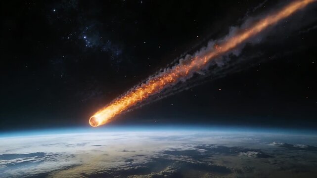 Entering atmosphere, fiery meteoroid traveling toward horizon over Earth, with long glowing trail