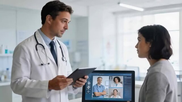 Consulting Dr in clinic, stethoscope, reviewing profiles on tablet with staff pointing at monitor