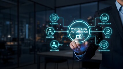 Fototapeta premium AI workflow automation with digital interface and copy space for business process concept