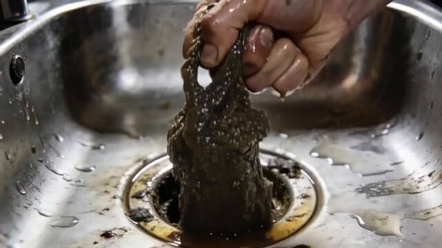 Reaching bare adult right hand pulling, wringing long slimy clog from steel sink, clearing drain