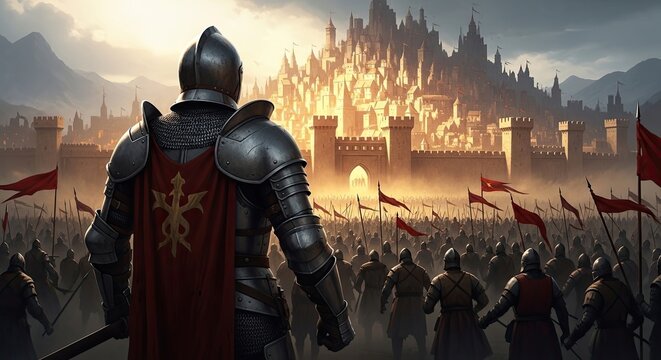 A lone knight stands before a majestic castle and a vast army preparing for battle