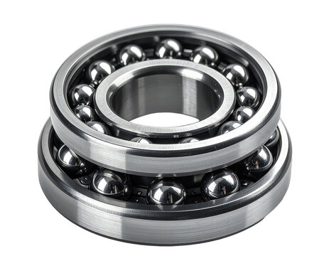 Two interlocking metal ball bearings with a silver sheen, isolated on white
