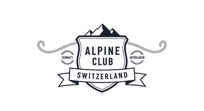 Alpine Club, Switzerland logo, vintage mountain emblem, black and white vector badge