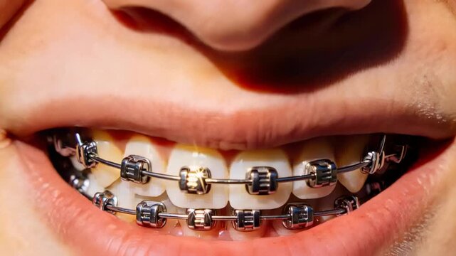 Smiling teen boy exposing metal braces in closeup, jaw shifting and light catching upper bracket