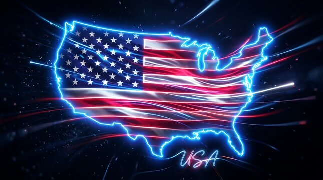 Neon lit usa map with american flag design and dynamic light trails on a dark background