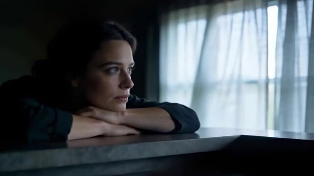 Leaning on counter woman in dark sweater tracking breeze past sheer curtains and light, copy space