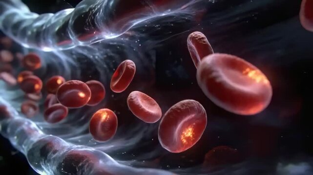 Streaming heartbeat red blood cells moving through vessel lumen, showing wall and suspended debris