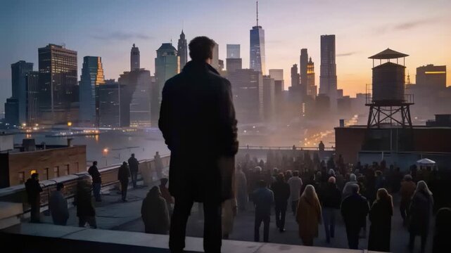 Standing rear-view adult male in long coat watching skyline at roof edge, sunrise drawing crowd