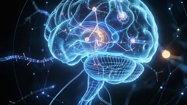 Pulsing nodes sparking brain sending orange signal via left axon toward brainstem in void for study