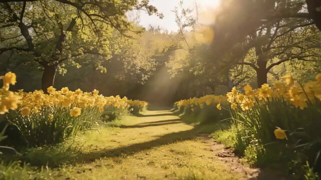 Moving camera pushing forward along sunlit grassy pathway at park, showing daffodils and sunbeams
