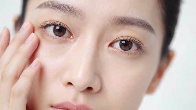 Lifting fingertips, model massaging cheek in white studio, showing skin with bare fingers to camera