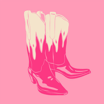 White leather Cowboy boots. Pink fire ornament. Wild West Clipart icon. Flame print. Hand drawn colorful Vector illustration. Isolated design element. Logo, print, sticker template