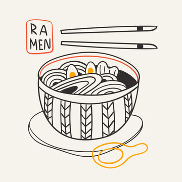Japanese Ramen soup with noodles, egg. Ramen bowl, chopsticks. Hand drawn modern Vector illustration. Isolated design element. Restaurant, healthy food concept. Logo, icon, print, sticker template