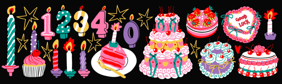Big set of burning number shaped Candles, spiral candles, Cakes, cupcake, stars. Hand drawn modern Vector illustration. Isolated design elements. Birthday celebration, party, anniversary concept