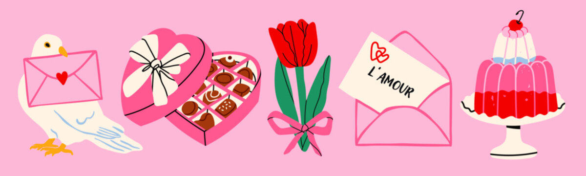 White dove bird, chocolate candies, tulip, love letter, cake. Hand drawn Vector illustration. Valentine's Day, love, romance concept. Print, greeting, postcard template. Isolated design elements
