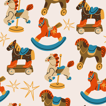 Rocking Horse, horse on wheels, carousel Horse. Various childish colorful toys. Retro vintage style. Hand drawn modern Vector illustration. Square seamless Pattern, background, wallpaper 