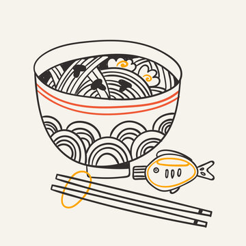 Japanese Ramen soup with noodles. Ramen bowl and chopsticks. Hand drawn modern Vector illustration. Isolated design element. Restaurant, healthy food concept. Logo, icon, print, sticker template