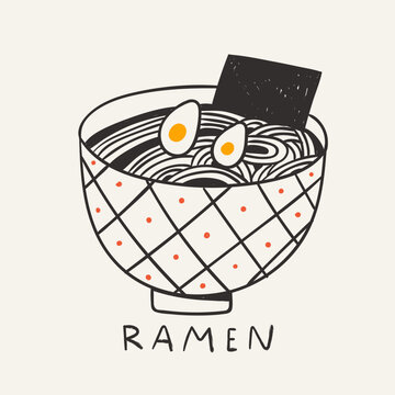 Japanese Ramen soup with noodles, egg. Ramen bowl, chopsticks. Hand drawn modern Vector illustration. Isolated design element. Restaurant, healthy food concept. Logo, icon, print, sticker template