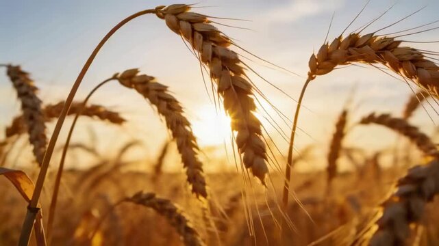 Swaying cluster of ripe wheat ears bending and catching sun in wheat field, driven by breeze
