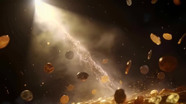 Receiving impulse, gold coin pile rising spinning falling settling on stage in warm beam haze