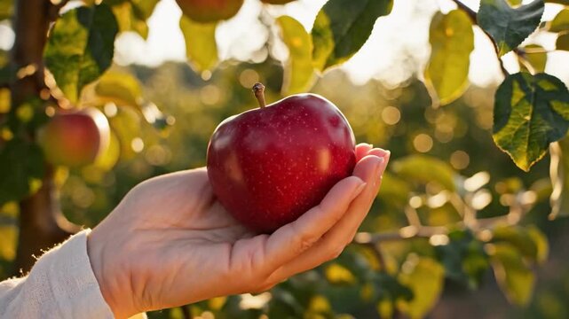 Hand holding a perfect ruby red apple in an orchard