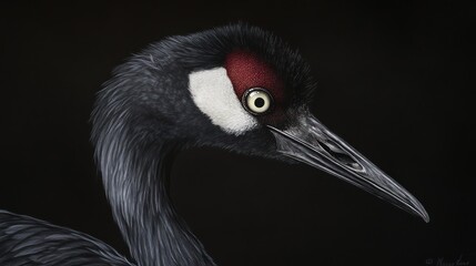 Fototapeta premium Crane Portrait Against Black Background
