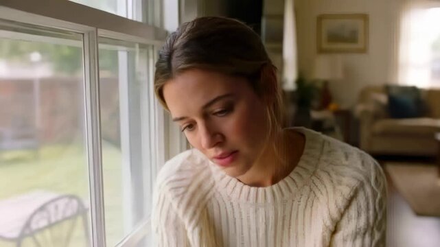 Shifting woman in cream sweater lowering eyes, musing by home window, daylight lighting patio table