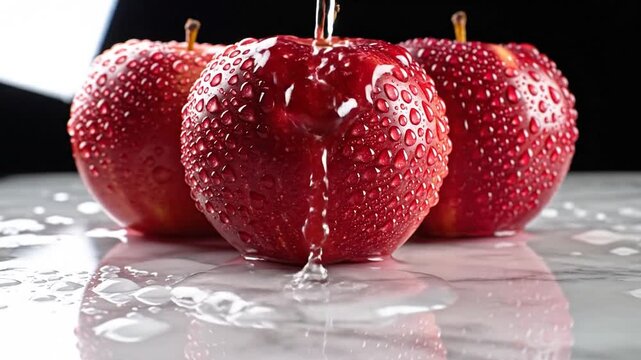 Fresh Red Apples Being Doused with Water Drops