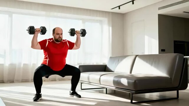 Starting man performing weighted squats at home for workout, red top, black pants, holding weights