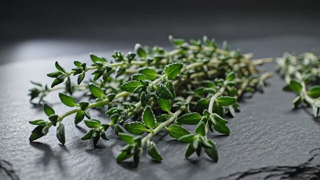 Fresh Thyme Sprigs on Dark Slate Surface