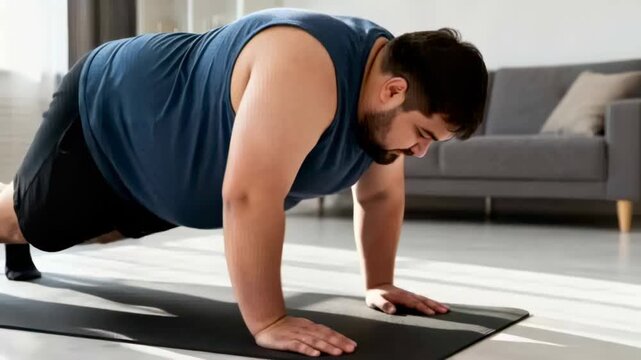 Starting from kneeling, man-blue-tank-black-shorts moving into push-up on mat at home for technique