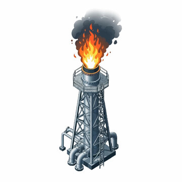Industrial flare stack burning gas with smoke and flames.