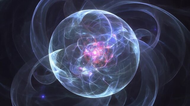 Vibrant glowing orb with swirling patterns emits light in dark space