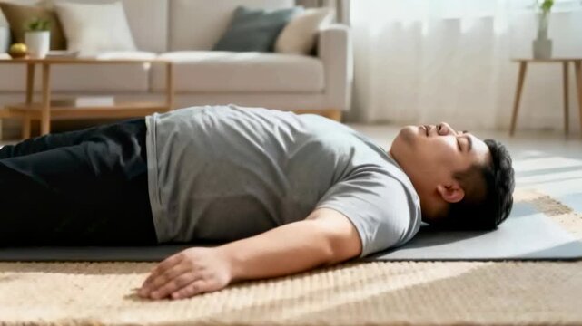 Recording man in grey tee and pants lying on yoga mat in living room, relaxing, breathing