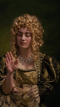Vertical portrait of confident young baroque lady wearing curly wig and olive embroidered dress with lace showing middle finger while looking at camera