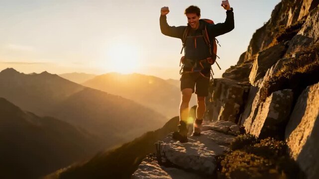Sun nearing horizon urging jacketed hiker traversing narrow alpine ledge, pack harness, copy space