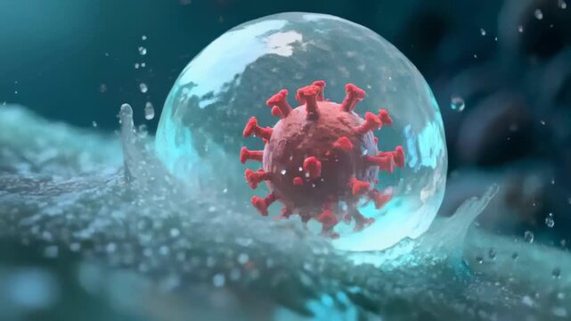 Approaching red spiky particle colliding with droplet on close-up liquid surface, creating bubble