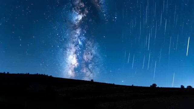 Starting camera to record meteors, Milky Way producing meteor streaks over dark hills
