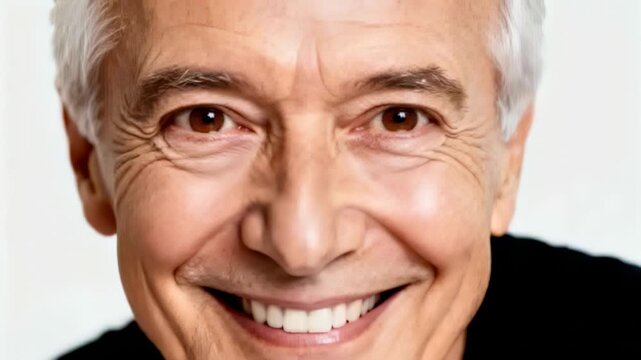 Camera starting, smiling senior man widening eyes and leaning forward in studio, lit eyes, dark top