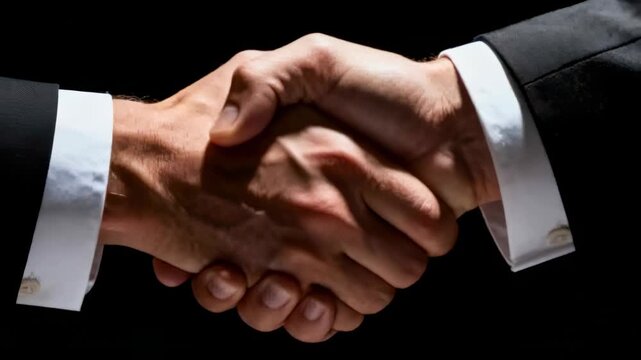Clasping two suited adults' hands on greeting in studio, confirming business agreement with cuffs