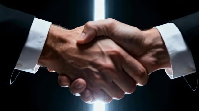 Approaching two men in suits bringing hands together in dark studio, LED light strip sealing deal