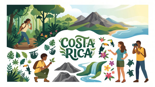 Costa Rica travel collage featuring rainforest wildlife, volcanic landscapes, coastal scenery, and eco-tourism activities in a flat vector illustration style